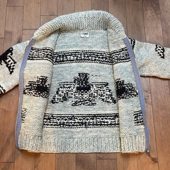 Vintage TUAK Large mens Thunderbird Cowichan zip-up knit wool cardigan sweater - Picture 10 of 13